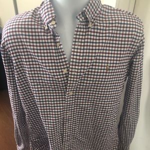 Men’s Polo Dress Shirt. Blue and Burghundy Checkered. Size XL.